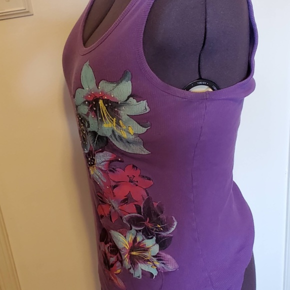 Fashion Bug Tank Top with Tropical Flowers and Rhinestones - Picture 2 of 2